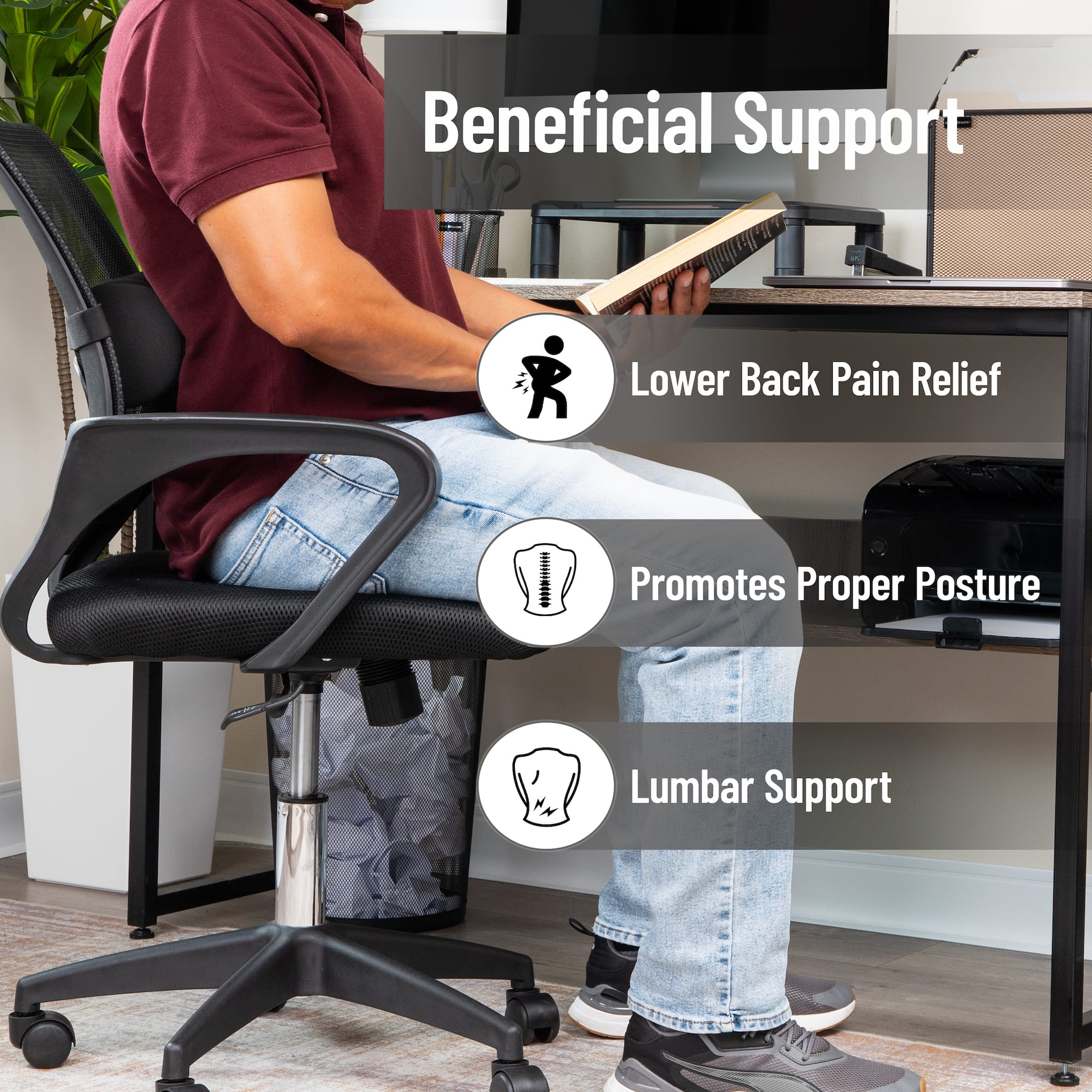 Mind Reader Lumbar Roll Pillow with Air-Cloud Memory Foam, Back, Waist & Hip Support, Breathable Cover & Adjustable Strap, Black